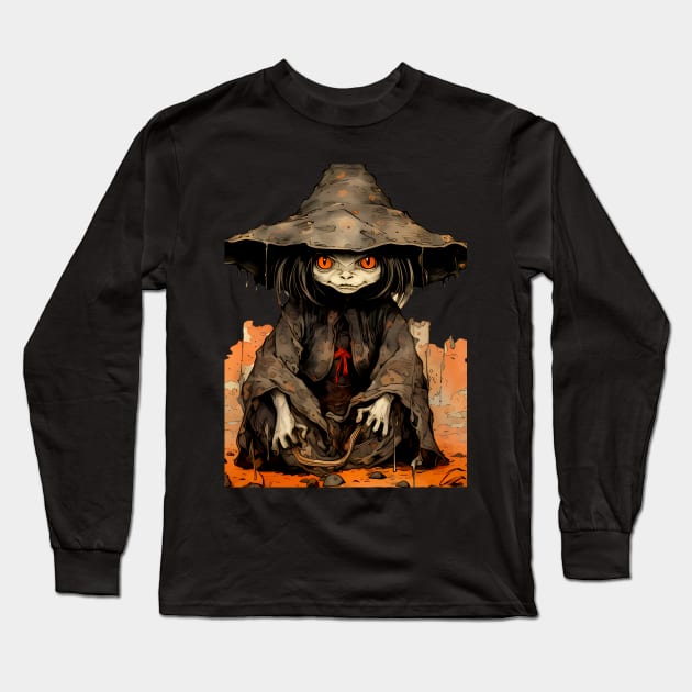 Halloween Apprentice: The Little Goblin Witch on a dark (knocked out) background Long Sleeve T-Shirt by Puff Sumo